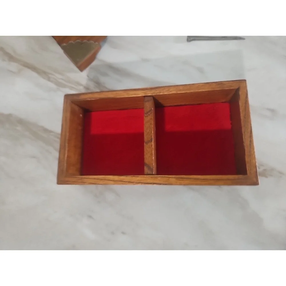 Antique Chinese Wood Jewelry Box Ornate Brass Accents Lined Pull Out Shelf
